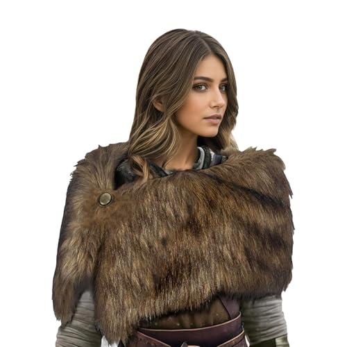 TINAYAUE Damen Kunstfell Schal Wikinger Plüschschal Retro Fell Schulter mittelalterlicher Umhang Wikinger Königin Kostüm Renaissance Pelzkragen Dicker Ritter Umhang für Halloween, Karneval, Cosplay