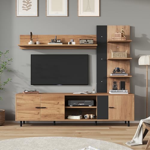 BTM 187.5x40x167cm TV Wohnwand-Set mit Vitrine, Mediawand inkl.TV-Board-Set und Regal, Wohnzimmermöbel-Set mit 3 Schränke, Offene Regalböden, Anbauwand, Wohnzimmerwand, bis 80', Holzfarbe + Schwarz