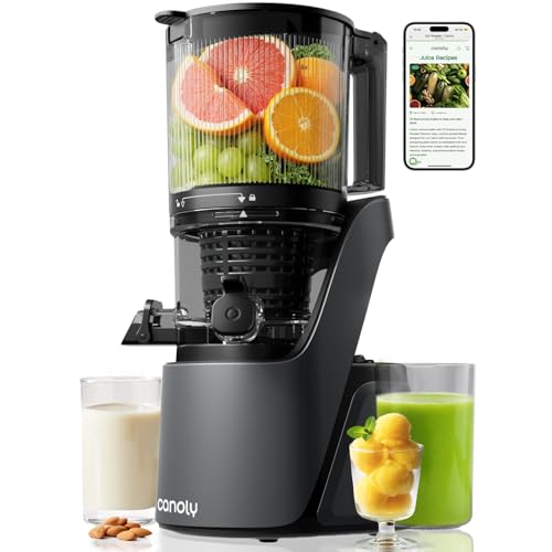 Canoly Entsafter mit 150 mm extra Großer Einfüllschacht, 3-in-1 Sieb (für Saft, Sorbet & Nussmilch), 2,6 L Füllvolumen Slow Juicer mit AC-Motor, Selbstschneid-System Kaltpresse Saftpresse