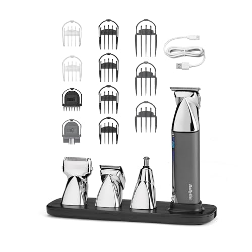 BaByliss Super-X Metal 15-in-1- Multi-Trimmer – Kabelloses Grooming-Kit inklusive Barttrimmer und Nasenhaarschneider, wasserdicht, Geschenk für Männer, Silber/Grau, MT996E