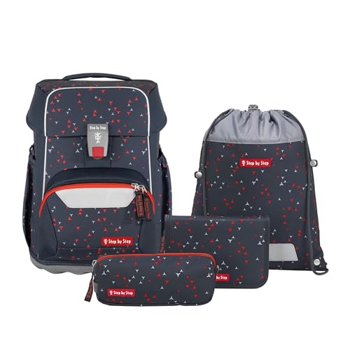 Step by Step Basis Schulranzen-Set „Anthrazit Triangles“, 4-teilig, grau, ergonomischer Tornister mit Reflektoren, Hüft- und Brustgurt, für Kinder ab der 1. Klasse, 20 Liter