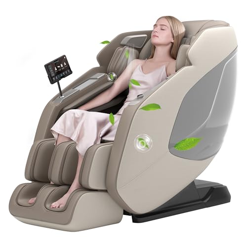 Real Relax 4D-Massagesessel,Ganzkörper-Shiatsu-Massage-Stuhl,Massageliege mit SL-Track,Yoga-Stretching,UI-Touchscreen,Fußrollen,Heizung,PS5200,Khaki