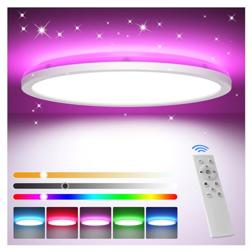 Tyreses LED Deckenleuchte Dimmbar mit Fernbedienung, 24W RGB Farbwechsel LED Deckenlampe, Rund Deckenbeleuchtung 3000K-6500K für Schlafzimmer, Wohnzimmer, Badezimmer, Kinderzimmer, Ø30CM