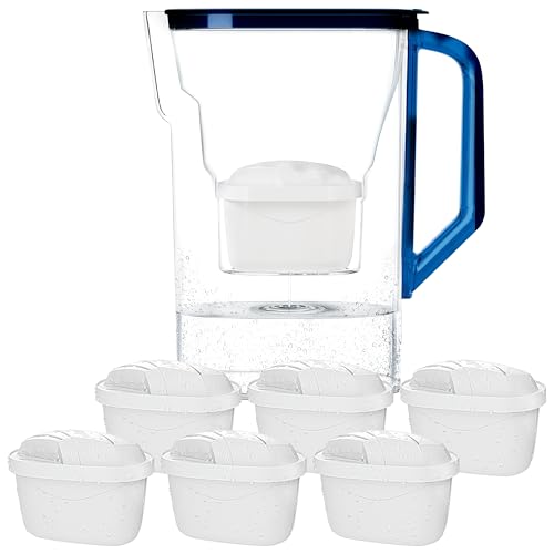 Wessper Wasserfilter Kanne mit Filter, Kühlschranktürkanne 2,7 Liter, Filterkartuschen mit Aktivkohle und Ionenaustauscherharz, Set Kanne und 6 Wasser Filter - Blau