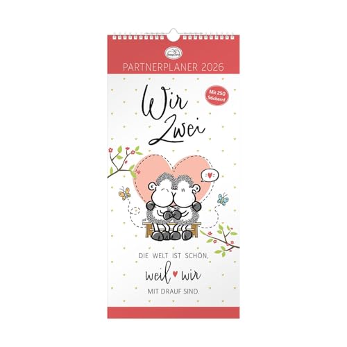 Planer für Zwei 2026: Wandkalender mit zwölf Monatsseiten mit 4 Spalten zum Planen, Spiralbindung, inklusive Stickerbogen mit 250 Aufklebern.