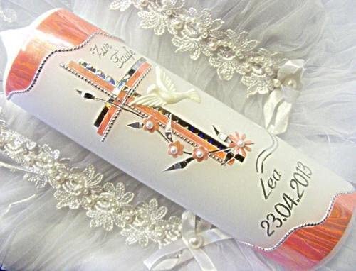 kerzenzauber-lusine Taufkerze Kommunionkerze Junge Mädchen 250/70 mm VT-12 inkl. Zubehör für selbstbeschriften, Weiß-rosa