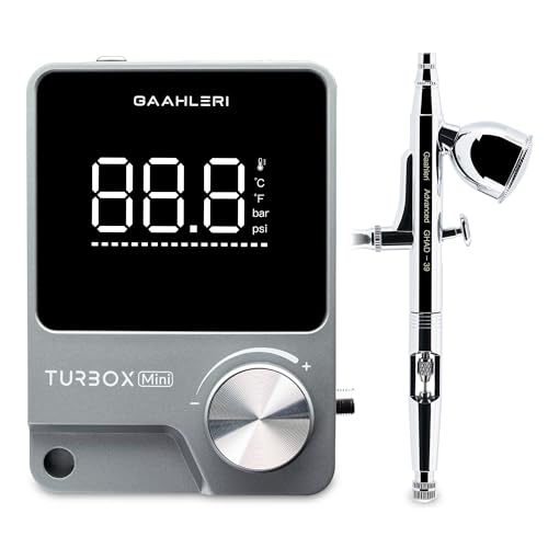 Gaahleri Turbox mini Airbrush-Kit mit GHAD-39 0.35mm, Dual-Action, 18 Luftstufen, extrem leise, zweistufig, für Malerei/Modellbau/Torten/Make-up, Digitalanzeige, ideal für Einsteiger