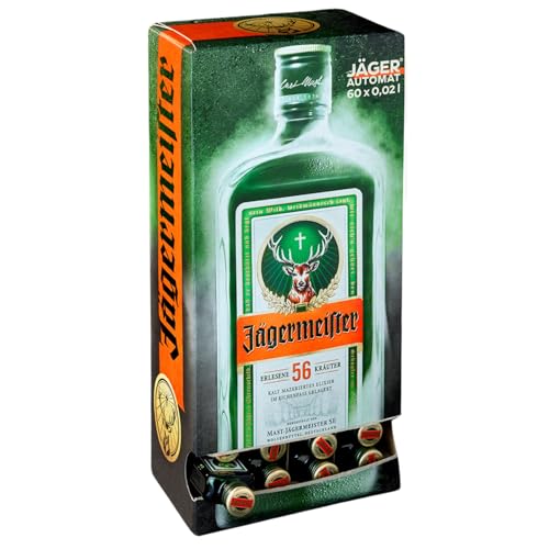 Jägermeister – 60 x 0,02 l Mini Meister Shots Premium Kräuterlikör 35% Vol. – 56 erlesene Kräuter – Kalt mazeriertes Elixier – Im Eichenfass gelagert – Das Original aus Wolfenbüttel