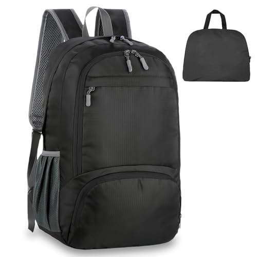 flintronic Ultraleicht Faltbar Klein Rucksack, 30L Leicht Wanderrucksack, Unisex Tagesrucksack Outdoor, Wasserdichter Wanderrucksack für Camping Wandern Reisen Sport Klettern Radfahren (Schwarz)