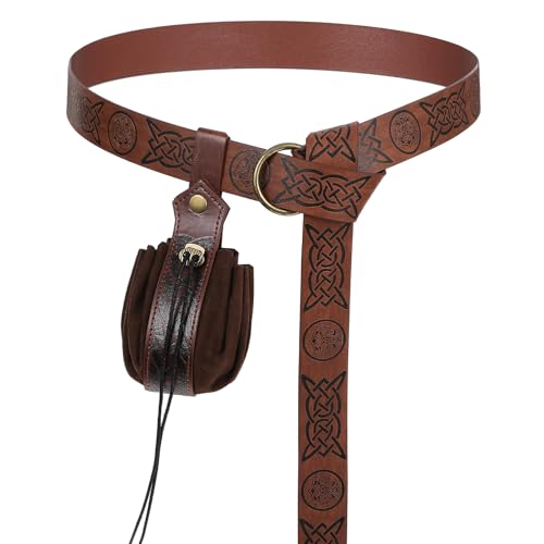 CIATBYYJ 2 Stück Mittelalterlicher Wikingergürtel mit Kunstledertasche, Vintage Renaissance Gürteltasche Würfeltasche, Retro Nordische Gürteltasche, Tragbare Tasche Renaissance Kostüm Zubehör(Braun)