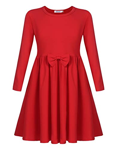Arshiner Mädchen Kleider Baumwolle Kinder Langarm Kleid mit Fliege Winterkleider Herbstkleid A-Linie Festliches Rundhals Basic Freizeit Kleider für Mädchen 6-7 Jahre 120 Rot