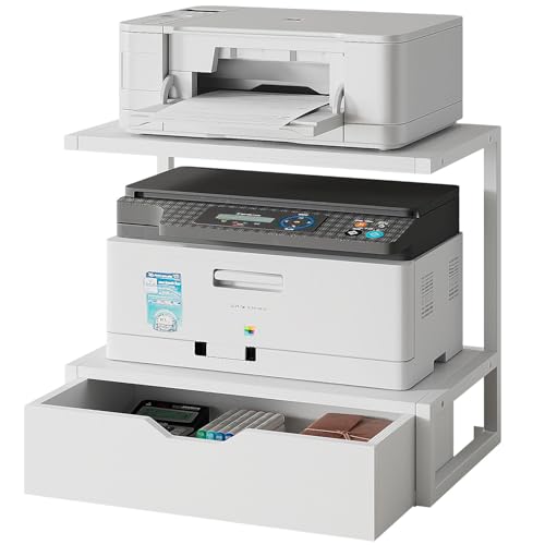 IBUYKE 2-Tier Desktop Drucker Stand, Drucker Tisch mit Speicher Regal, Multifunktions Schreibtisch Organizer für Ordner, Bücher, für Faxgerät, Scanner, Home Office,White TLJ015W