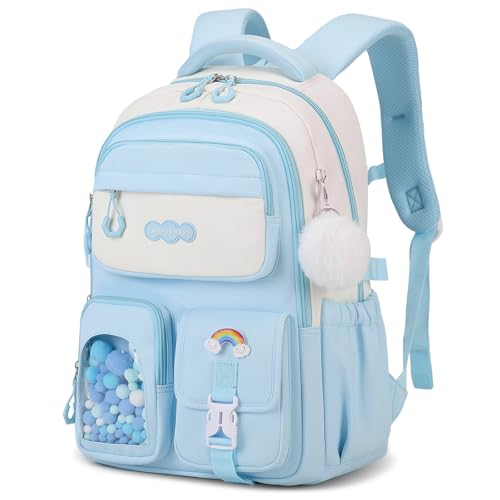 Amythe Schulrucksack Mädchen, Teenager Rucksack mit Bommel, Trolley-Schlaufe und Reflektoren, Großer Schulranzen für Mädchen 3. - 7. Klasse Wasserabweisend für Schule und Reise, Blau