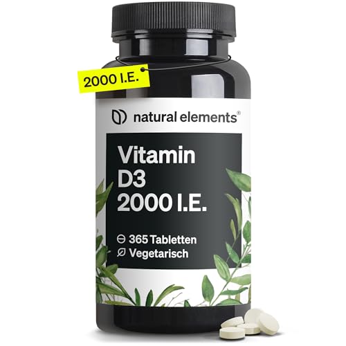 natural elements Vitamin D3 2000 I.E. – 365 Tabletten – für Knochen und Immunsystem – hochdosiert, ohne unnötige Zusätze – in Deutschland produziert & laborgeprüft