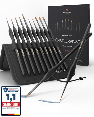 LIEBERGE Premium Detail Pinselset Acrylfarben – 10 extra feine Pinsel für höchste Präzision – Acryl Pinsel, Aquarellpinsel, Modellbau (10)