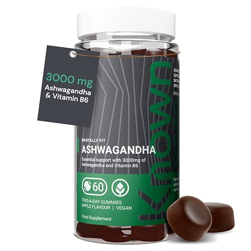 Known 3000mg Hochdosierte Ashwagandha Gummies - Apfelgeschmack - Veganes Gummibärchen-Supplement zum Kauen - Energie, Stimmung, Wohlbefinden - 1 Monat - Wurzelextrakt + Vitamin B6 - Für Männer, Frauen