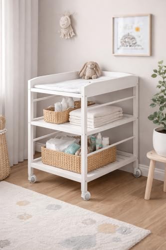 Baby Happy Bliss Wickelkommode NILS aus Buche – Weiß – mit Rollen – 75×55×84 cm