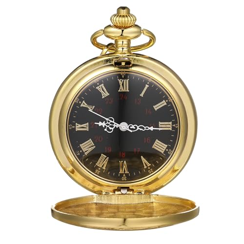 Retro Quarz Taschenuhr Mit Kette - Vintage Römische Ziffern Skala, Klassische Herren-Taschenuhr, Unisex (Gold)