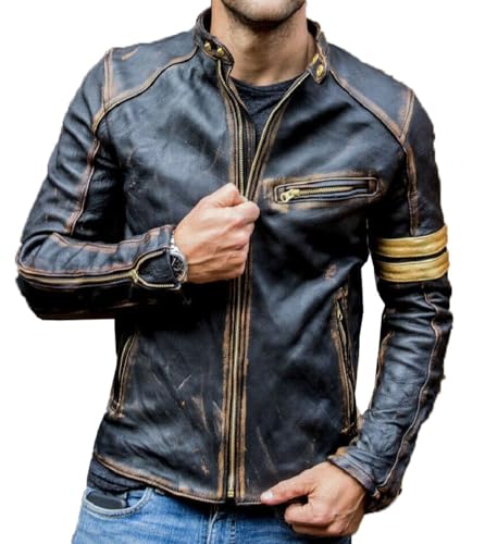 Herren Echtleder-Bikerjacke Cafe Racer Vintage-Stil Motorrad Distressed Schwarz Echtlederjacke, Schwarz , XL