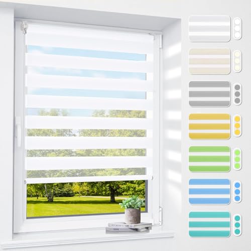 Doppelrollo klemmfix ohne Bohren & mit Bohren, 40x130cm (Stoffbreite 36cm) Weiß, 3-in-1 Duo Rollo für Fenster & Tür, Fensterrollo innen lichtdurchlässig & verdunkelnd, Klemmrollo Rollos Sonnenschutz