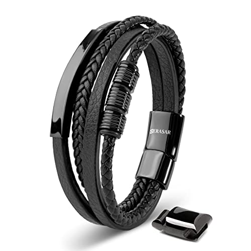SERASAR Armband Herren 20cm Schwarz Männer Leder Armreif Lederband Herrenarmreif Armschmuck Schmuck Herrenschmuck Armkette Flecht Wickelarmband Kette Leather