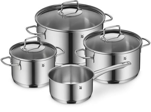 WMF Astoria Kochgeschirr-Set, 4-teilig, hohe Kochtöpfe mit Deckel (16/24 cm), niedriger Kochtopf mit Deckel (20 cm), Stielkasserolle (16 cm), Cromargan Edelstahl poliert, induktionsgeeignet