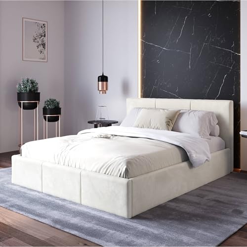 Home Collective Polsterbett, Bett mit Stauraum, Stauraumbett mit Lattenrost gepolstert Bett mit Kopfteil Doppelbett mit Bettkasten | Gasdruckfedern & Metallrahmen, Samtpolsterung | 140×200 cm | Beige