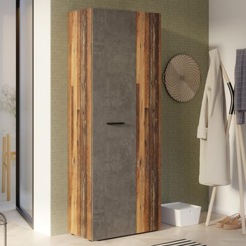 Forte NET106 Schrank 70 180, Mehrzweckschrank, Staubsaugerschrank, Abstellraum, Drehtürenschrank, 2-türig mit Einlegeböden, Beton-/Holzdekor Vintage Eiche, 68,7 cm breit x 181,1 cm hoch x 36,5 cm tief