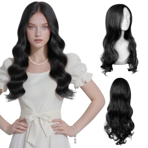 AUYAO Lange lockige Haar Perücken für Frauen Synthetische Perücke Damen Lange Gewellte Haarperücke Wavy Hitzebeständige Perücken mit Haarnetz für Alltag/Party/Cosplay/Karneval/Fasching (Schwarz,66cm)