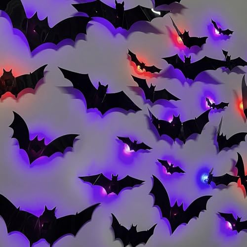 12 Stk LED Lichter 3D Halloween Fledermaus Deko,Halloween Dekoration Fledermaus Wandaufkleber mit 10 Verschiedenen Größen,Horror Deko Aufkleber,LED Fledermäuse Deko für Innen Helloween Partyzubehör