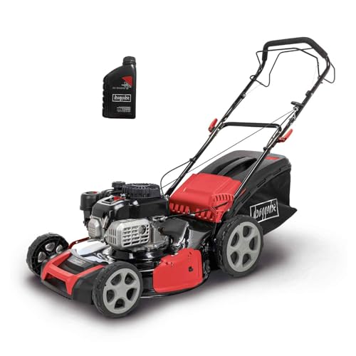 Scheppach MS175-51 Benzin Rasenmäher mit Radantrieb | 5,4 PS | 51cm Schnittbreite | 65L Korb | Stahlgehäuse | 8-Fach Verstellung | Mulchfunktion | Seitenauswurf | Reinigungsfunktion | inkl. Motoröl
