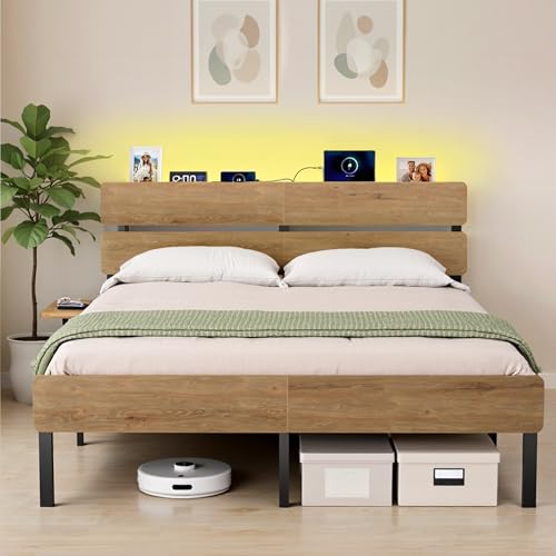 VASAGLE Doppelbettgestell, Bett, 140 x 200 cm, Metallrahmen, LED-Beleuchtung, USB-A- und USB-C-Anschluss, Unterbettaufbewahrung, Industrie-Stil, einfache Montage, naturbraun RMB104HC01
