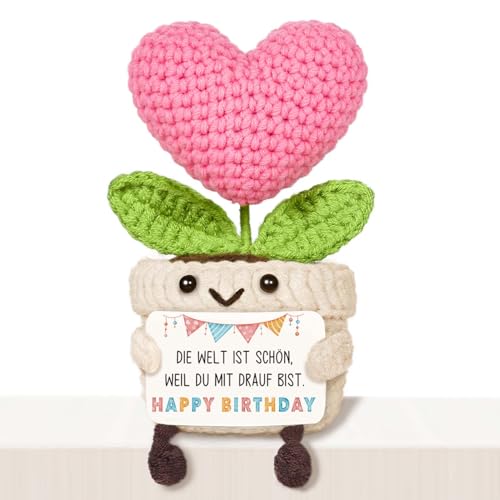 Giftasy Geburtstagsgeschenk für Frauen – Handgehäkelte Herzblume mit Energiekarte, Geschenke für Frauen, Mama, Freundin, Oma, Schwester, Geburtstag, Happy Birthday
