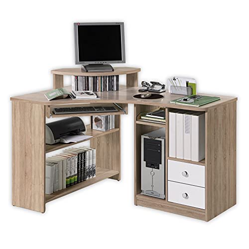Stella Trading TANGA Eckschreibtisch mit Tastaturauszug & Aufsatz in Eiche Sonoma Optik, Weiß - Kompakter Bürotisch Computertisch mit Ablagefächern - 135 x 94 x 95 cm (B/H/T)