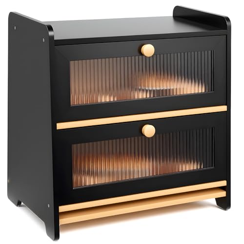 HAUSPROFI Brotkasten Bambus 2 Etagen, Brotkästen Holz mit Schneidebrett Belüftung Gewelltes Sichtbares Fenster, Elegant Brotbox Küche zur Brotaufbewahrung, Bread Box 40x25x40cm Groß, Schwarz