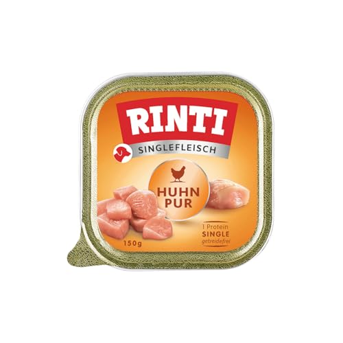 RINTI - Singlefleisch | Nassfutter für Sensible, ausgewachsene Hunde mit 100% Hühnerfleisch. Alleinfutter in Schälchen ohne Getreide, Kohlenhydrate und künstliche Zusätze | 10x150g Huhn Pur