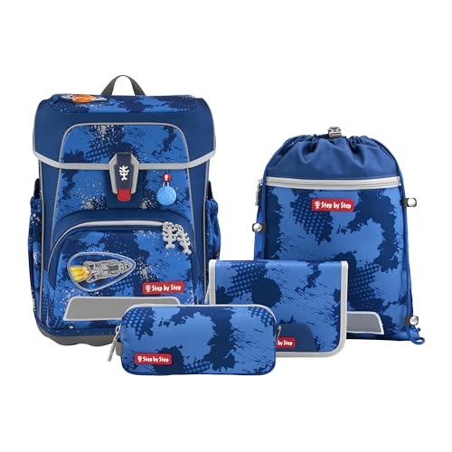 Step by Step Schulranzen-Set Cloud Reflect „Rocket Novo“ 5-teilig, blau, ergonomischer Tornister mit Reflektoren, höhenverstellbar mit Hüftgurt für Kinder ab der 1. Klasse, 19L