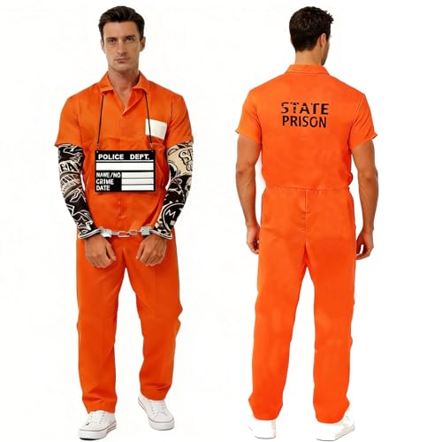 YeahBoom Gefangener Kostüm Herren Damen,Gefängnis Kleidung Orange,Prisoner Overall Costume mit Sträfling Accessoires,Häftling Outfit,Sträfling Kostüm für Erwachsene Cosplay Halloween Karneval Costume