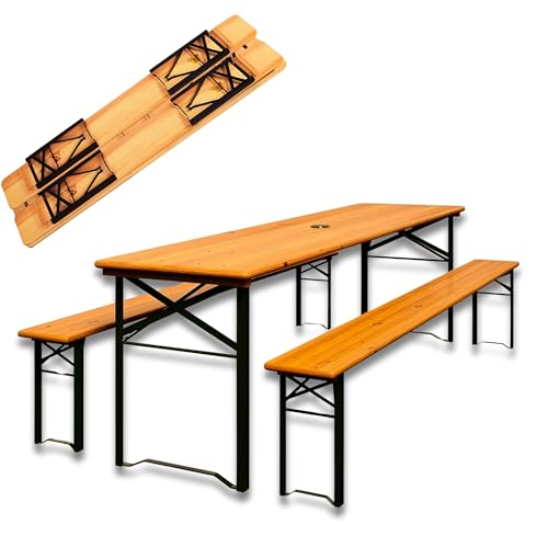 DIVID Bierzeltgarnitur 3-teilges Set|Tisch + 2 Bänke|Für drinnen und draußen|klappbar mit Tragegriffe|HxBxT: 170x46x75cm|Gartentisch (DIV-203/ Holz)