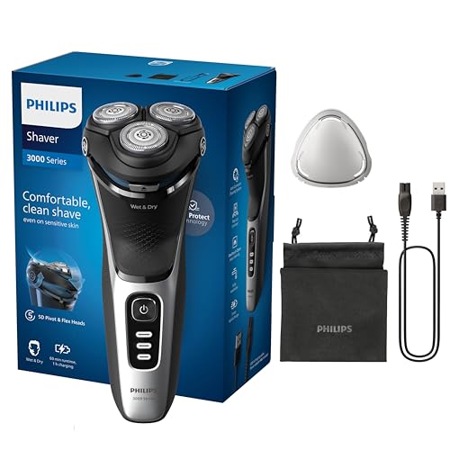 Philips Shaver Series 3000 – Elektrischer Nass- und Trockenrasierer für Männer in Schwarz, mit SkinProtect-Technologie, ausklappbarem Bartschneider und Reisetasche, kabellos (Modell S3241/12)