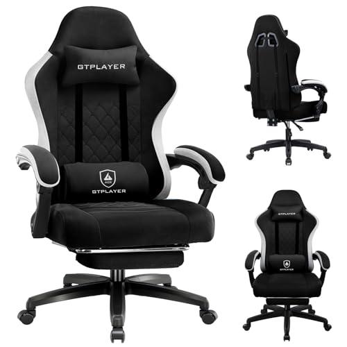 GTPLAYER Gaming Stuhl Ergonomischer Gaming Sessel Schreibtischstuhl mit Stoffoberfläche, Federsitzkissen, Verbindungsarmlehnen und Fußstütze 150KG,dunkelschwarz