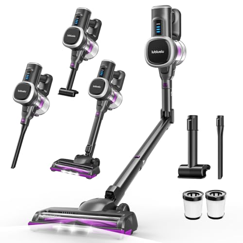Lubluelu Kabelloser Staubsauger 45kPa 400W, leistungsstarker Akku Staubsauger mit 50 Min Laufzeit, Anti-Tangle Bodenbürste & 2 Filter, ideal für Hartböden, Teppiche und Tierhaare (Dunkelgrau+Lila)