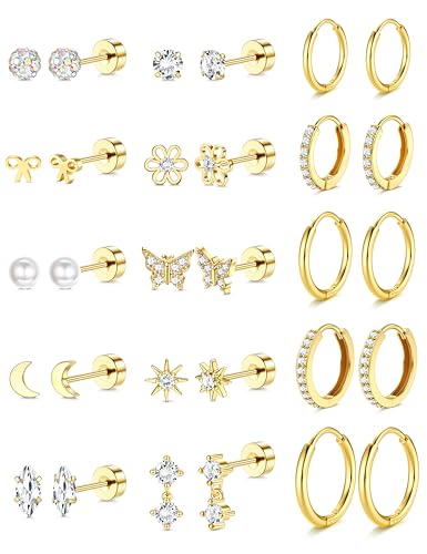 ADRAMATA 15 Paar Ohrringe Gold Set Chirurgenstahl Piercing Ohr Gold Medizinische Ohrstecker Mädchen Creolen Helix Huggie Tragus Conch Piercing Hypoallergene Goldene Ohrringe für Mehrfachpiercing