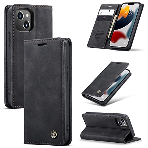 owlhold Handyhülle iPhone 13 Mini klapphülle Premium Lederhülle Weiches Vintage-Nubukleder Faltbare Ständer Schutzhülle Kartenfach Standfunktion hülle iPhone 13 Mini - Schwarz