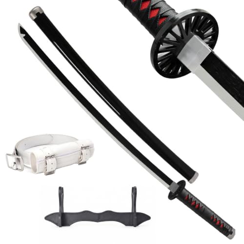 Wah Shing Yuen Demon Sword Katana Holz (Kamado Tanjirou) Set mit Gürtel & Ständer 102cm Schwarzes Bambus Samurai Schwert (Stumpf) - Anime Cosplay Kostüm Waffe
