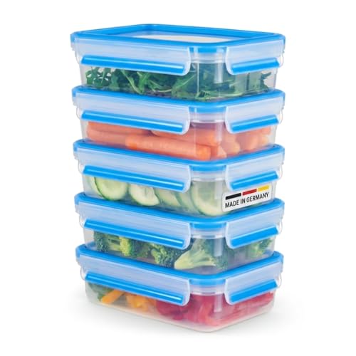 EMSA Clip & Close Frischhaltedosen-Set, rechteckig, 5 X 0,8 L, Aufbewahrungsboxen, 100 Prozent dicht, spülmaschinen-, gefrier-, mikrowellenfest, Transparent, Blau, Made in Germany, N10307