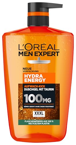L'Oréal Men Expert 1L Duschgel und Shampoo für Männer, 3-in-1 Duschbad zur Reinigung von Körper, Haar und Gesicht, Herren Körperpflege für langanhaltende Frische mit Taurin, Hydra Energy, 1x1000 ml