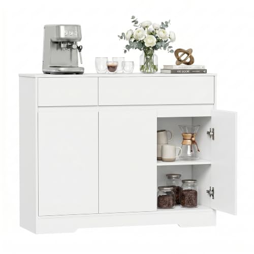 YOUDENOVA Sideboard 100 cm mit 2 Schubladen, 3 Türen und Einlegeböden, Weiß