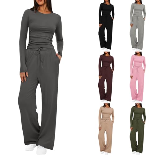 Hausanzug Damen Elegant Zweiteiler Mode Lounge Set Langarmshirt und Lange Weite Hose Freizeitanzug Slim Kleidung Trainingsanzug Homewear Sport Outfit 2 Teiler Jogginganzug Loungewear Dunkelgrau M