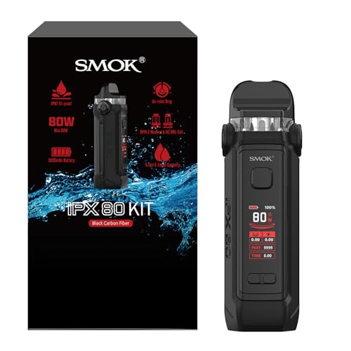 SMOK IPX 80 Pod Mod Kit 80W Vape Gerät 3000mAh Akku Einstellbarer Luftstrom 5.5ml Pod RPM 2 Coil Typ-C Aufladung IPX67 Schutz Ohne Nikotin Schwarz Carbonfaser